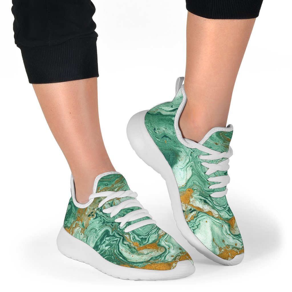 Green Gold Liquid Marble Print Mesh Knit Shoes GearFrost