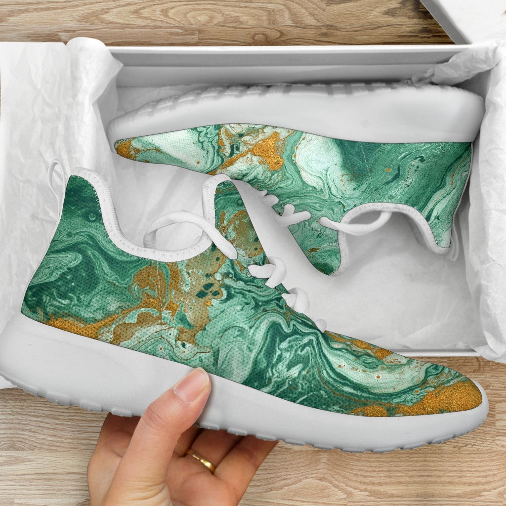 Green Gold Liquid Marble Print Mesh Knit Shoes GearFrost
