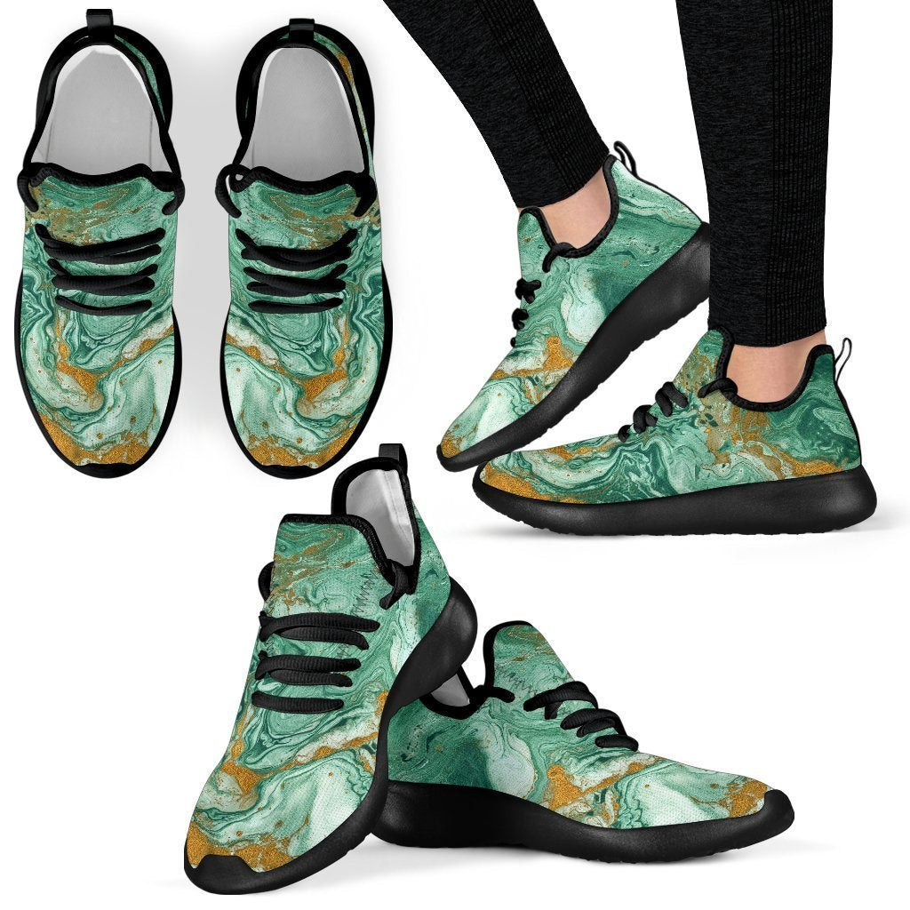 Green Gold Liquid Marble Print Mesh Knit Shoes GearFrost
