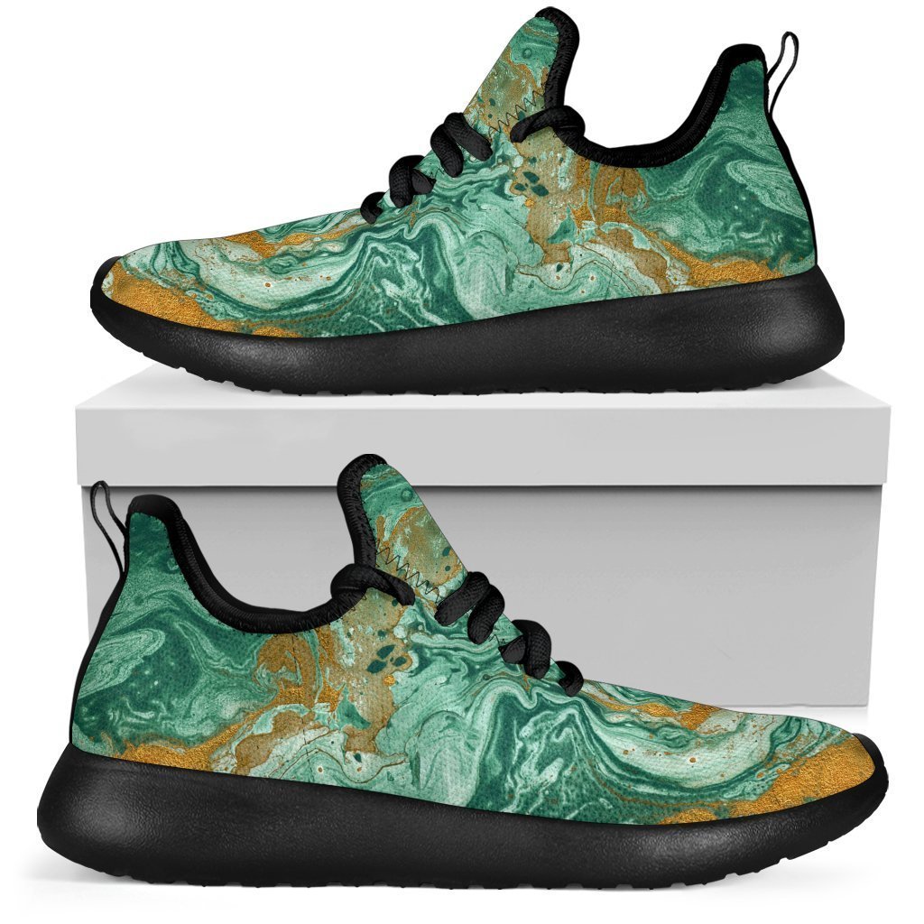 Green Gold Liquid Marble Print Mesh Knit Shoes GearFrost