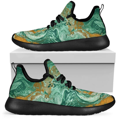 Green Gold Liquid Marble Print Mesh Knit Shoes GearFrost