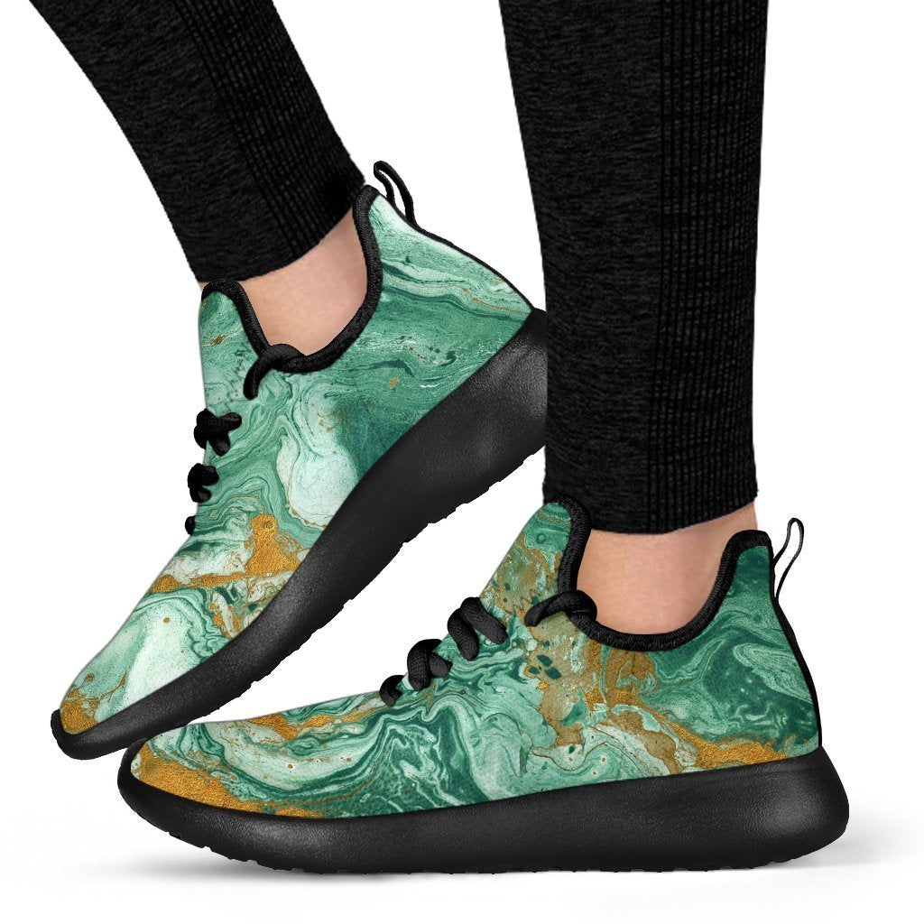 Green Gold Liquid Marble Print Mesh Knit Shoes GearFrost