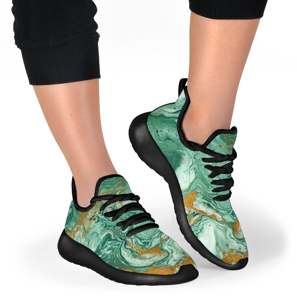 Green Gold Liquid Marble Print Mesh Knit Shoes GearFrost