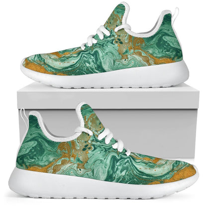 Green Gold Liquid Marble Print Mesh Knit Shoes GearFrost