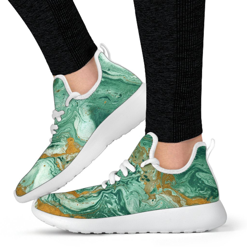 Green Gold Liquid Marble Print Mesh Knit Shoes GearFrost