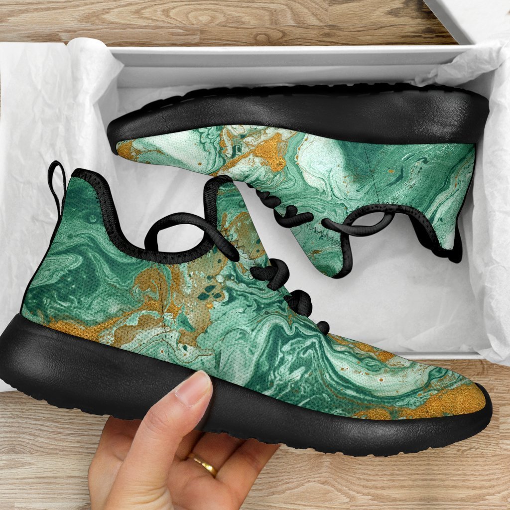Green Gold Liquid Marble Print Mesh Knit Shoes GearFrost
