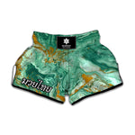 Green Gold Liquid Marble Print Muay Thai Boxing Shorts