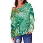 Green Gold Liquid Marble Print Off Shoulder Sweatshirt GearFrost