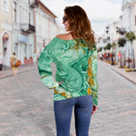 Green Gold Liquid Marble Print Off Shoulder Sweatshirt GearFrost