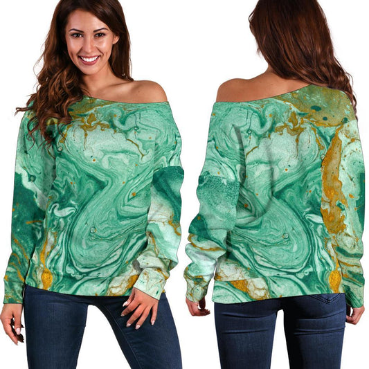 Green Gold Liquid Marble Print Off Shoulder Sweatshirt GearFrost