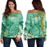 Green Gold Liquid Marble Print Off Shoulder Sweatshirt GearFrost