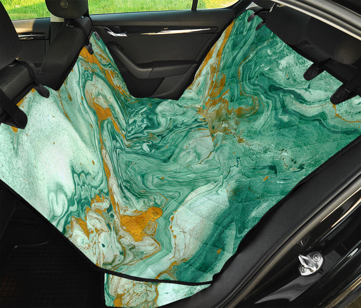 Green Gold Liquid Marble Print Pet Car Back Seat Cover