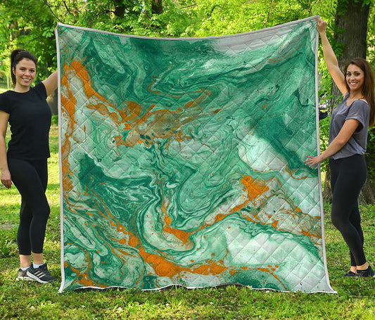 Green Gold Liquid Marble Print Quilt