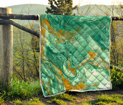 Green Gold Liquid Marble Print Quilt
