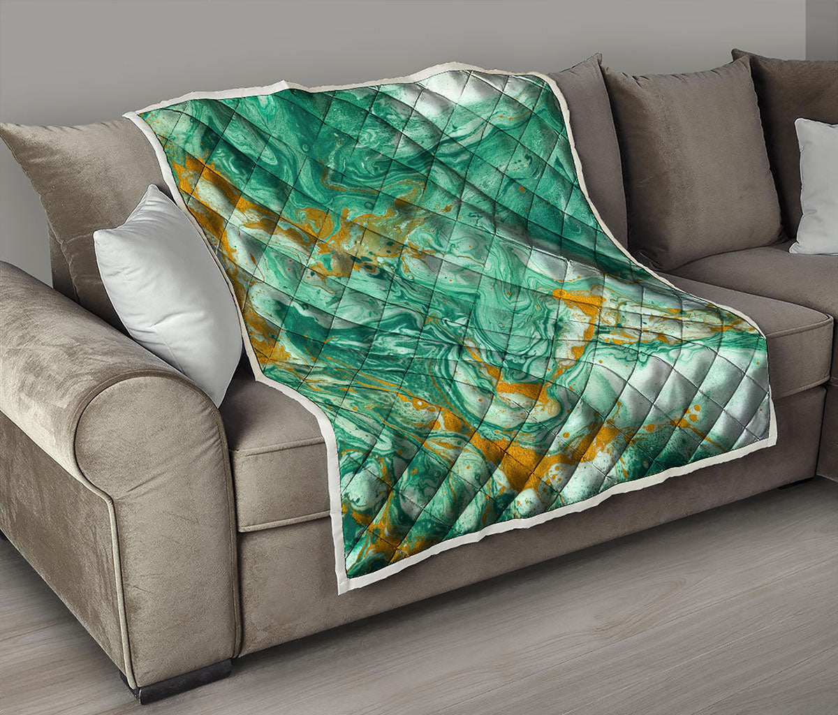 Green Gold Liquid Marble Print Quilt