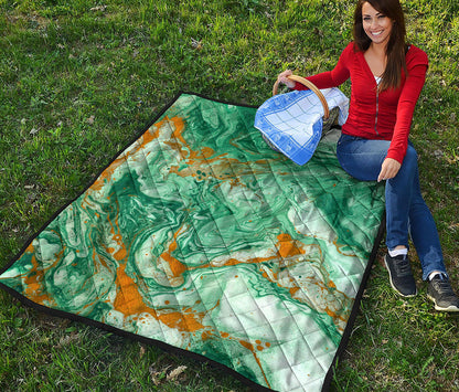 Green Gold Liquid Marble Print Quilt