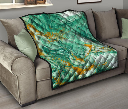 Green Gold Liquid Marble Print Quilt