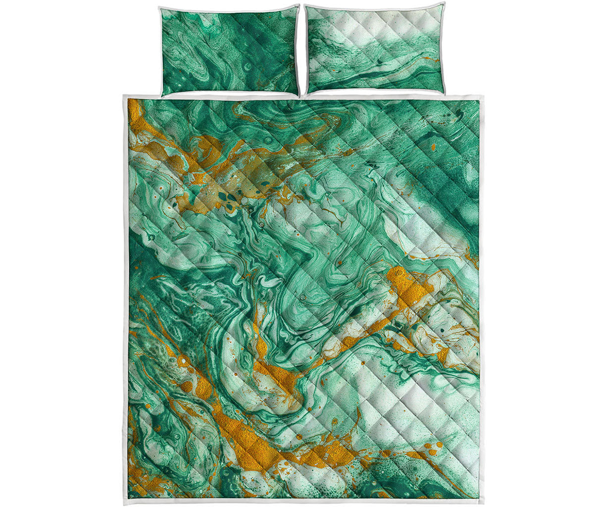 Green Gold Liquid Marble Print Quilt Bed Set