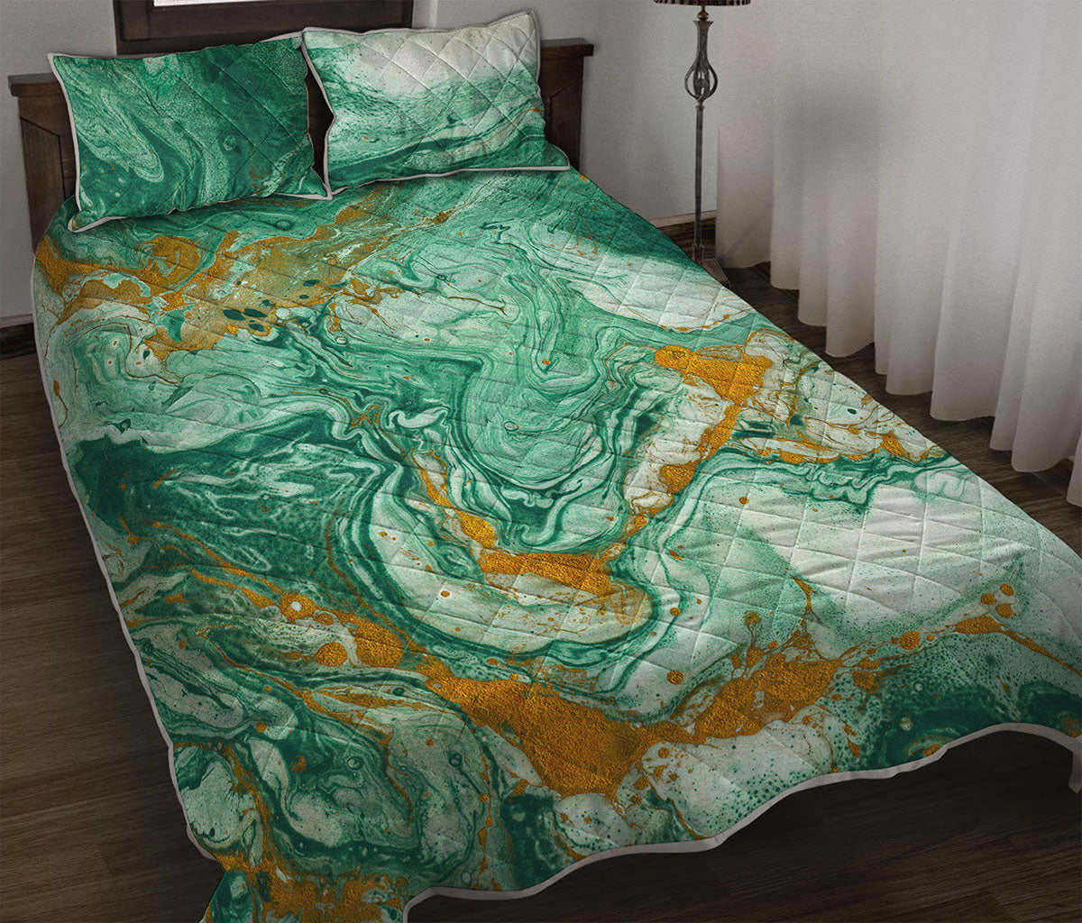 Green Gold Liquid Marble Print Quilt Bed Set