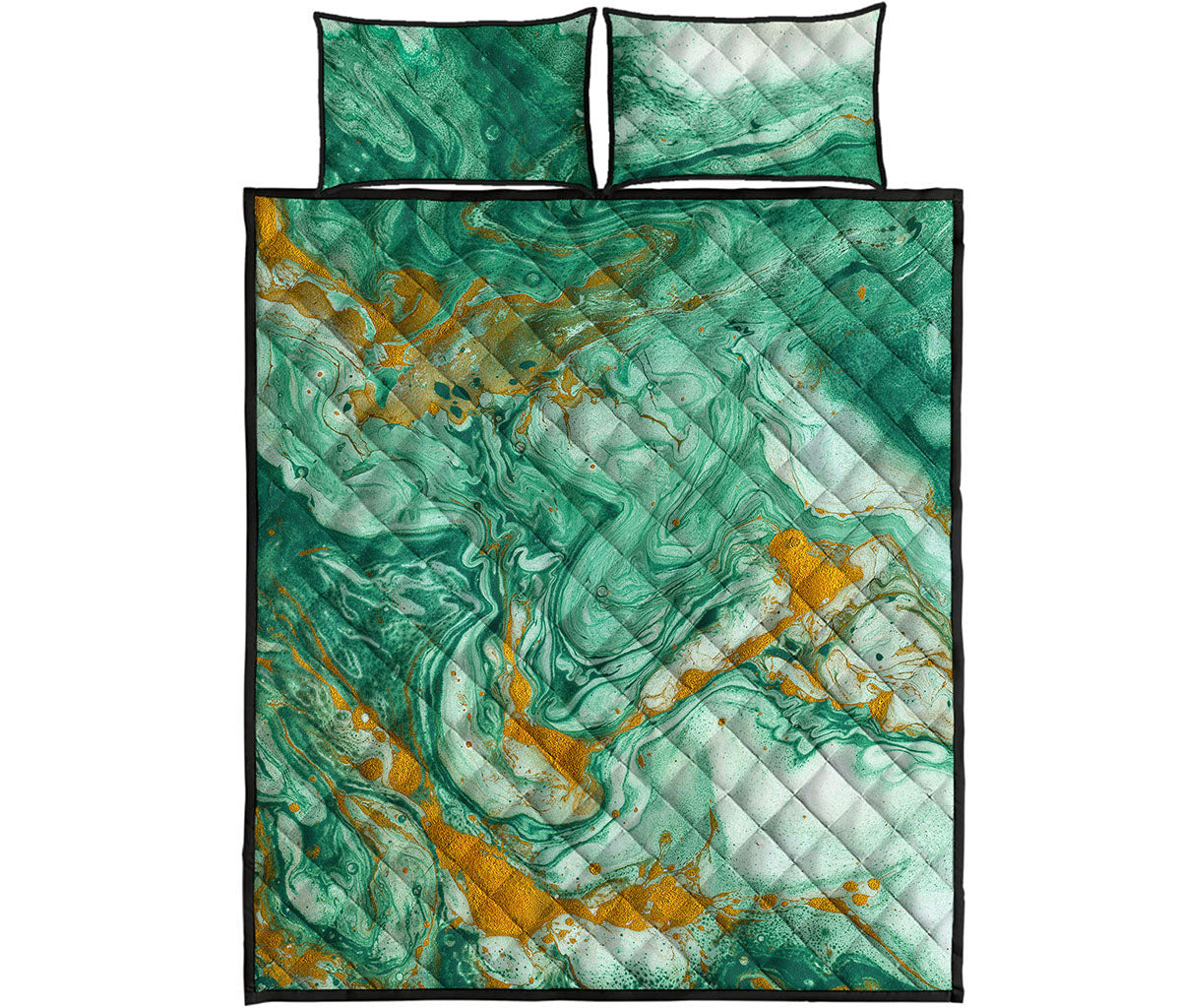 Green Gold Liquid Marble Print Quilt Bed Set