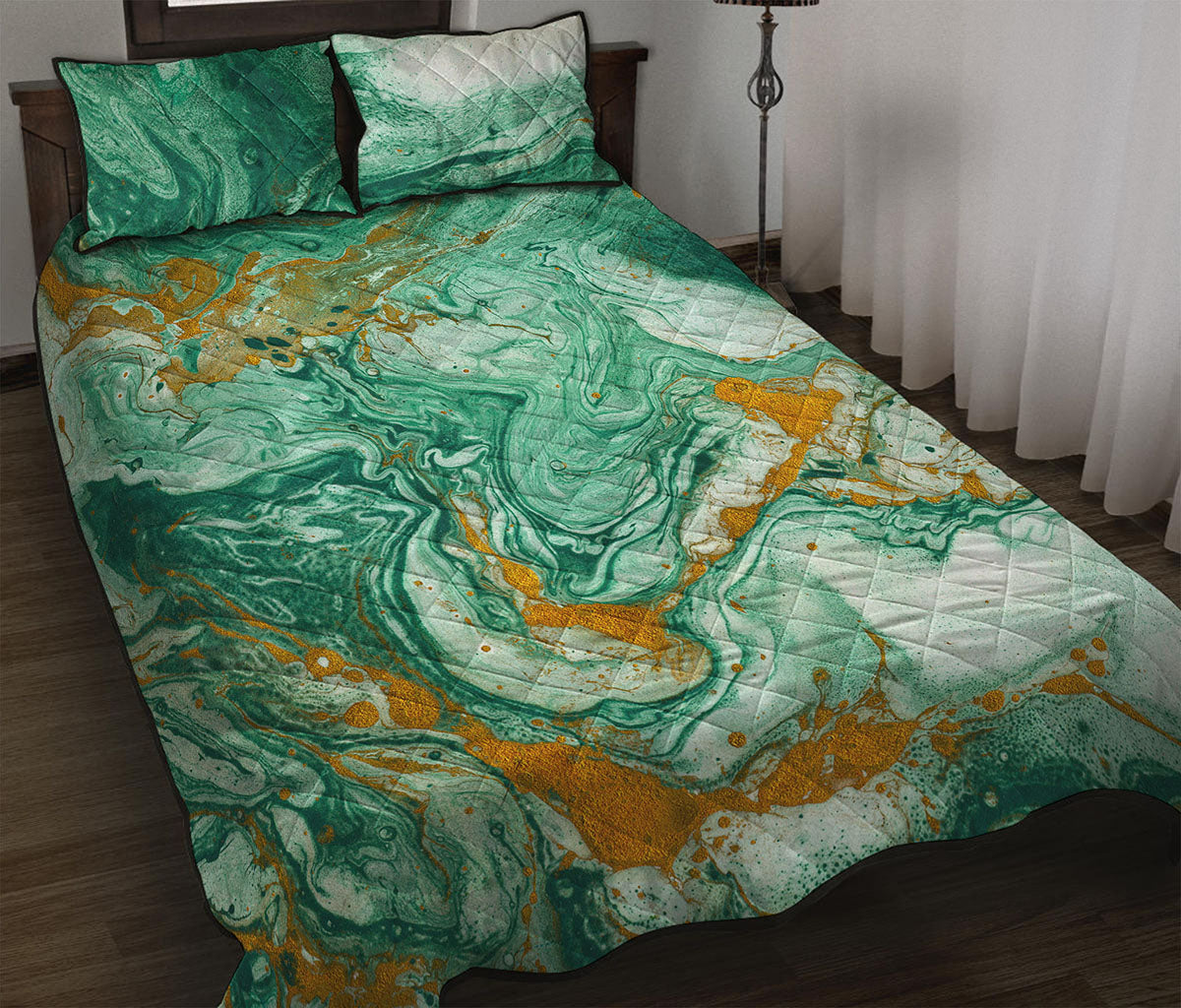 Green Gold Liquid Marble Print Quilt Bed Set