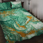 Green Gold Liquid Marble Print Quilt Bed Set