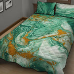 Green Gold Liquid Marble Print Quilt Bed Set