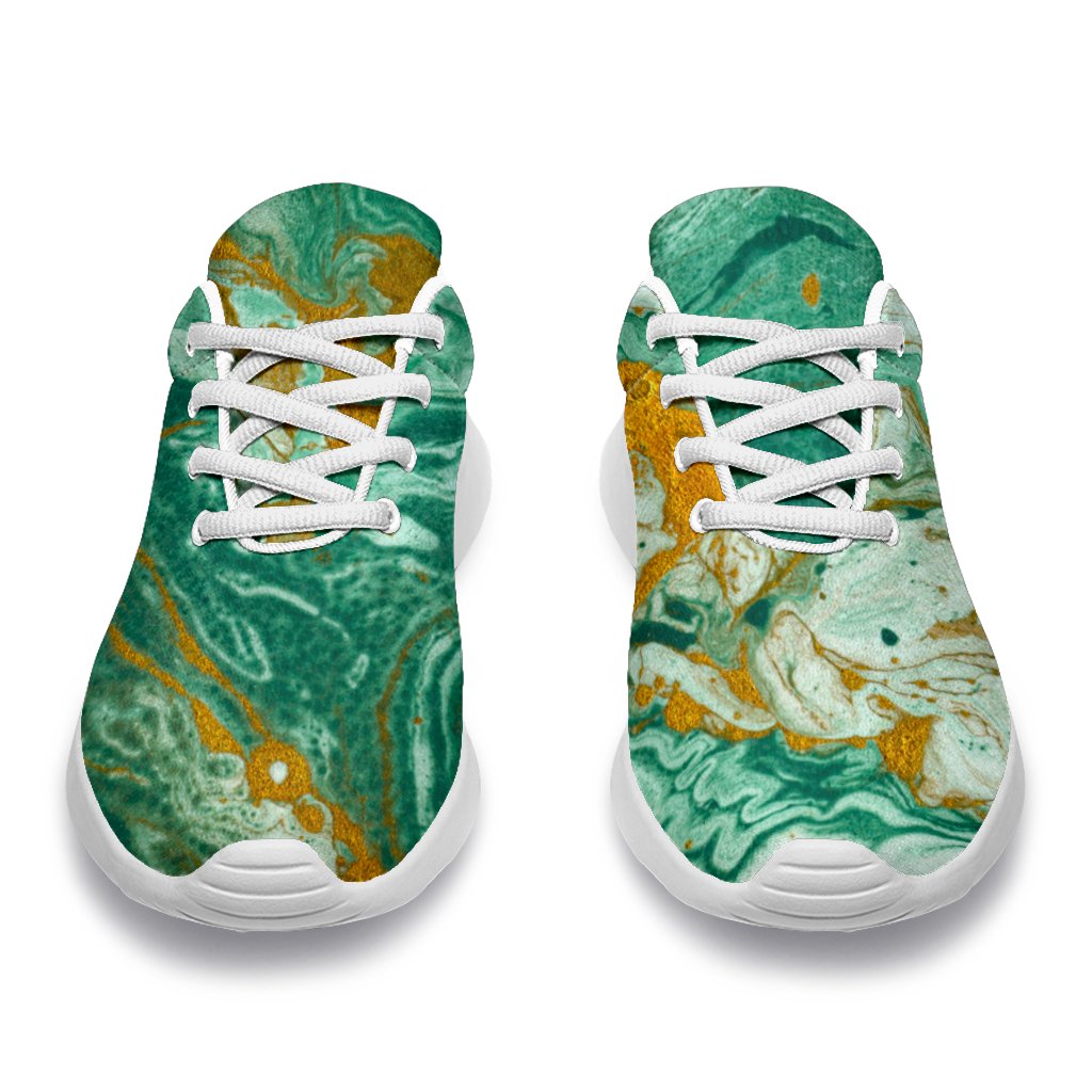 Green Gold Liquid Marble Print Sport Shoes GearFrost