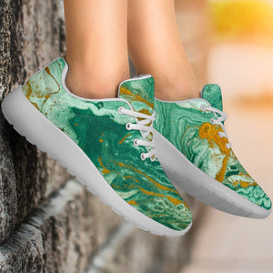 Green Gold Liquid Marble Print Sport Shoes GearFrost