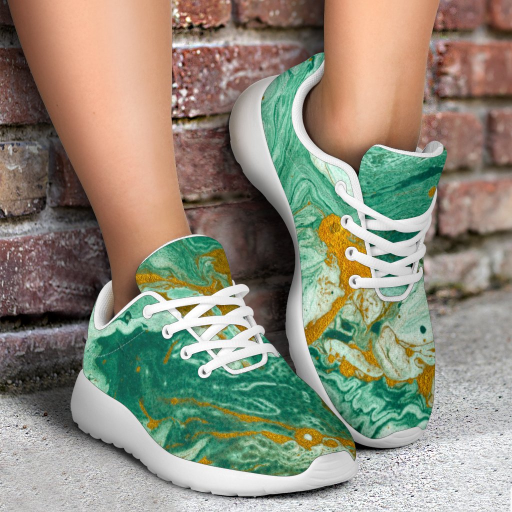 Green Gold Liquid Marble Print Sport Shoes GearFrost