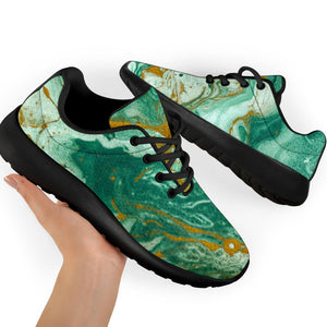 Green Gold Liquid Marble Print Sport Shoes GearFrost