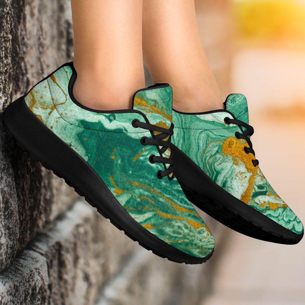 Green Gold Liquid Marble Print Sport Shoes GearFrost