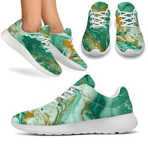 Green Gold Liquid Marble Print Sport Shoes GearFrost