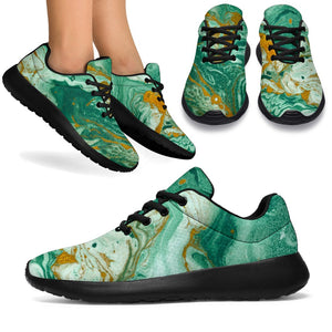 Green Gold Liquid Marble Print Sport Shoes GearFrost