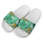 Green Gold Liquid Marble Print White Slide Sandals