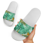 Green Gold Liquid Marble Print White Slide Sandals