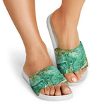 Green Gold Liquid Marble Print White Slide Sandals
