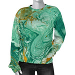 Green Gold Liquid Marble Print Women's Crewneck Sweatshirt GearFrost