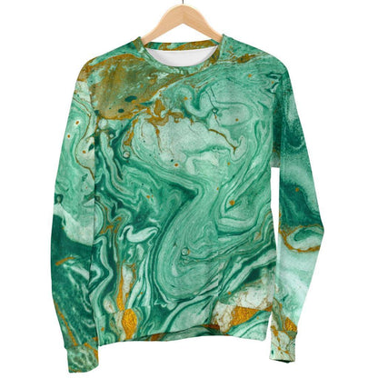 Green Gold Liquid Marble Print Women's Crewneck Sweatshirt GearFrost