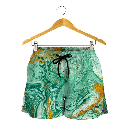 Green Gold Liquid Marble Print Women's Shorts