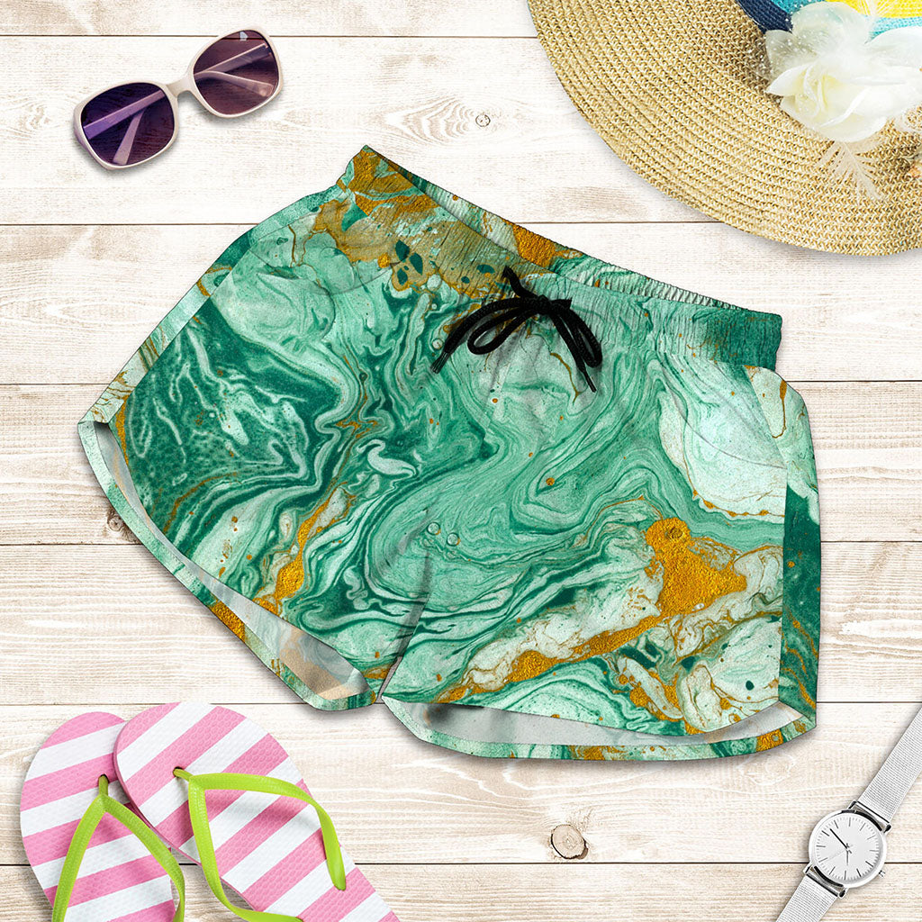Green Gold Liquid Marble Print Women's Shorts