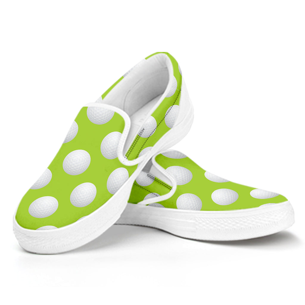 Green Golf Ball Pattern Print White Slip On Shoes