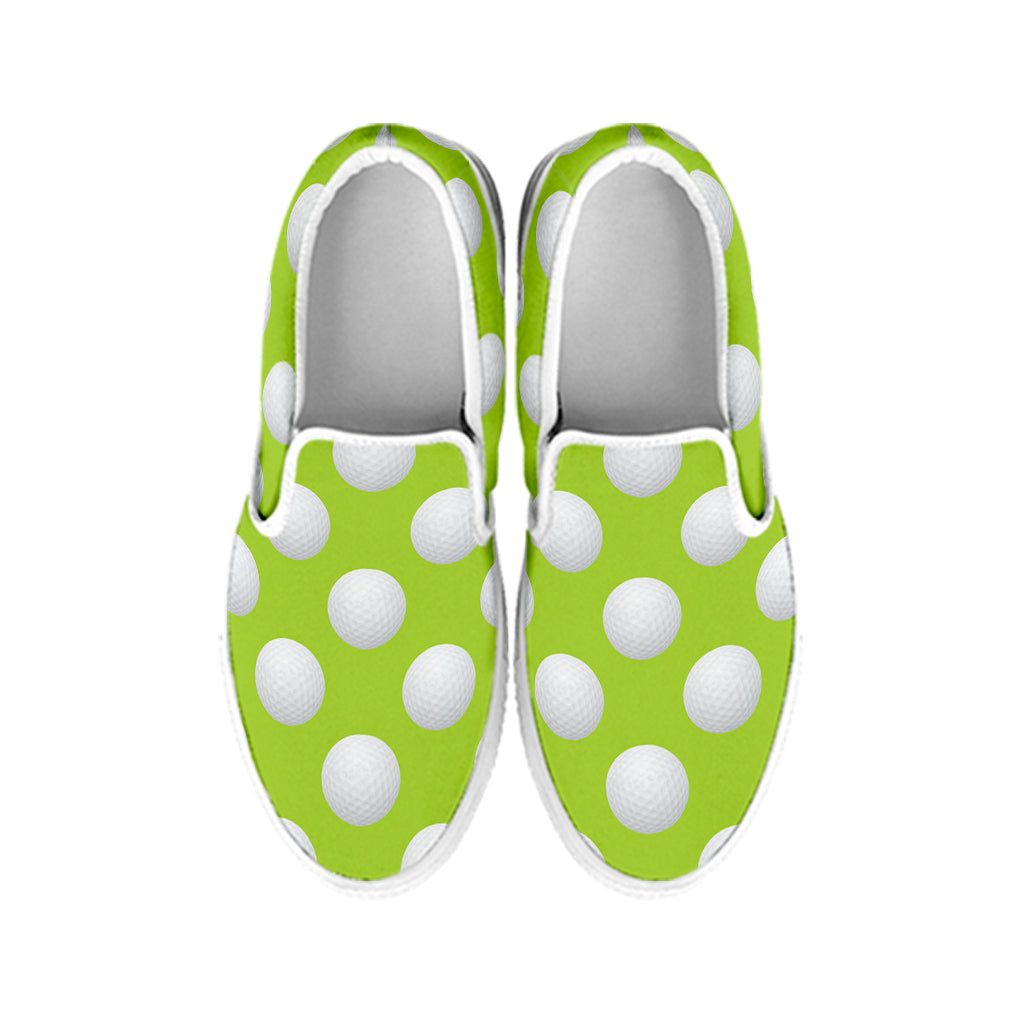 Green Golf Ball Pattern Print White Slip On Shoes