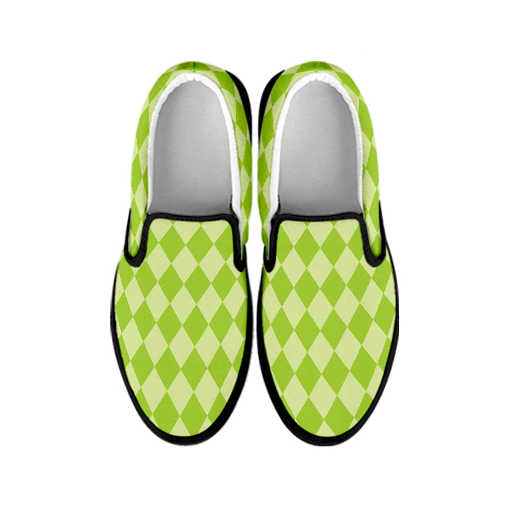 Green Harlequin Pattern Print Black Slip On Shoes