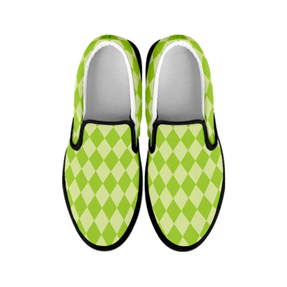 Green Harlequin Pattern Print Black Slip On Shoes