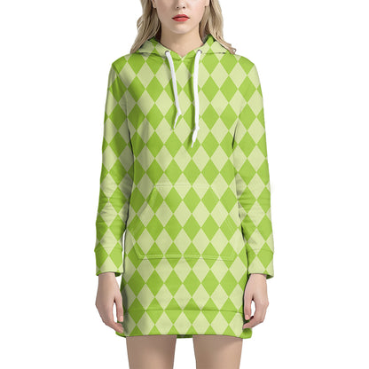 Green Harlequin Pattern Print Hoodie Dress