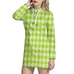 Green Harlequin Pattern Print Hoodie Dress