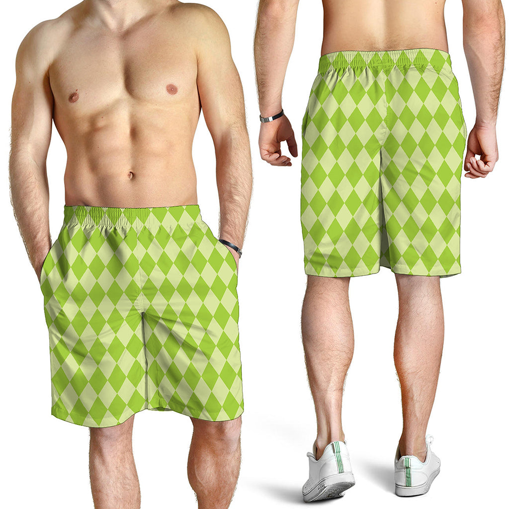Green Harlequin Pattern Print Men's Shorts
