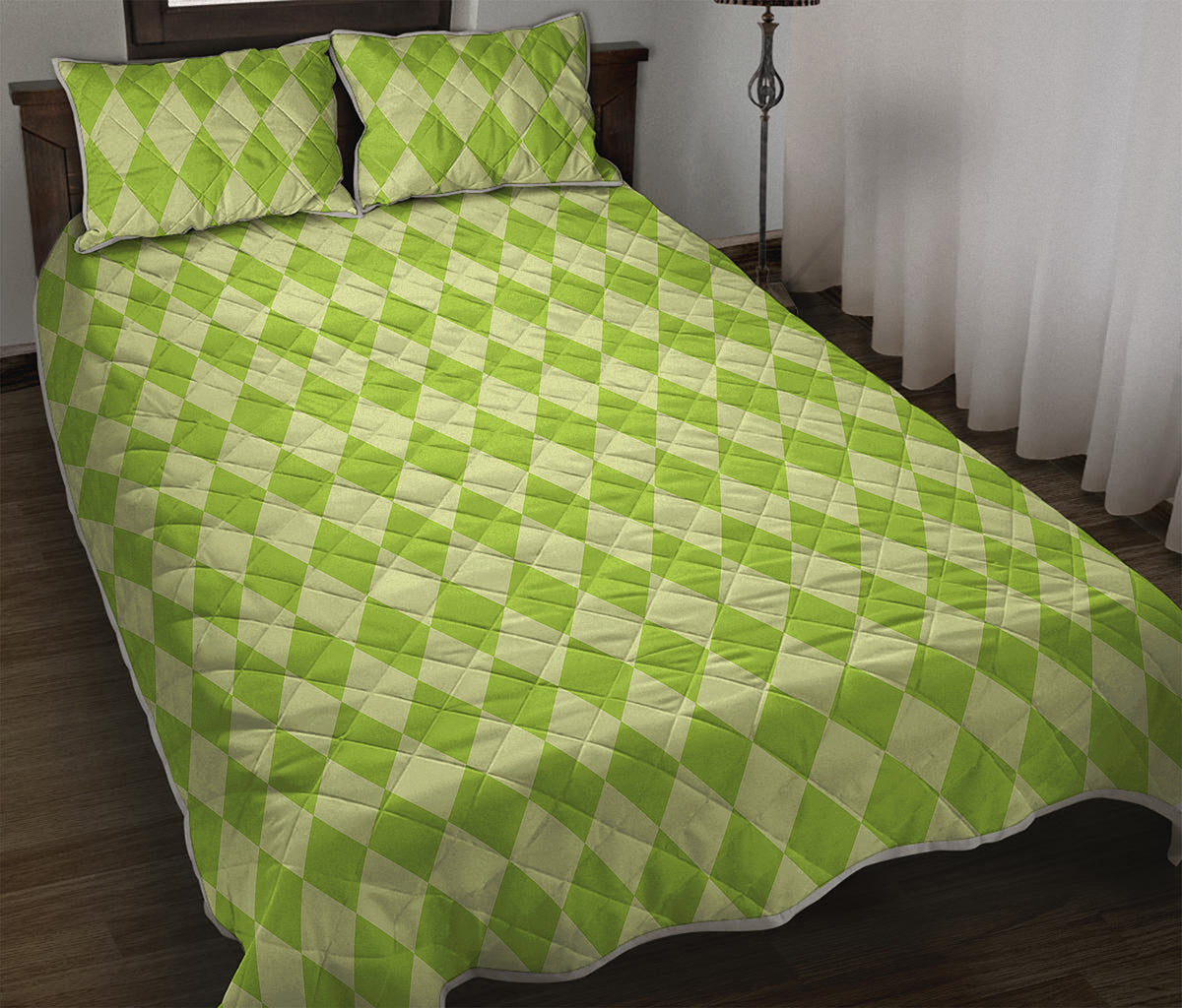 Green Harlequin Pattern Print Quilt Bed Set