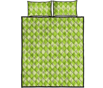 Green Harlequin Pattern Print Quilt Bed Set